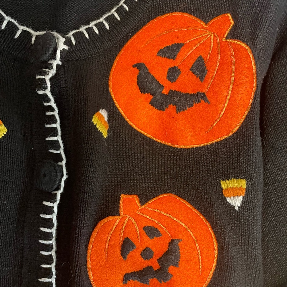 VTG Halloween Cardigan Pumpkin 90s Granny Embroidery Black Med Teacher Sweater - Picture 5 of 16